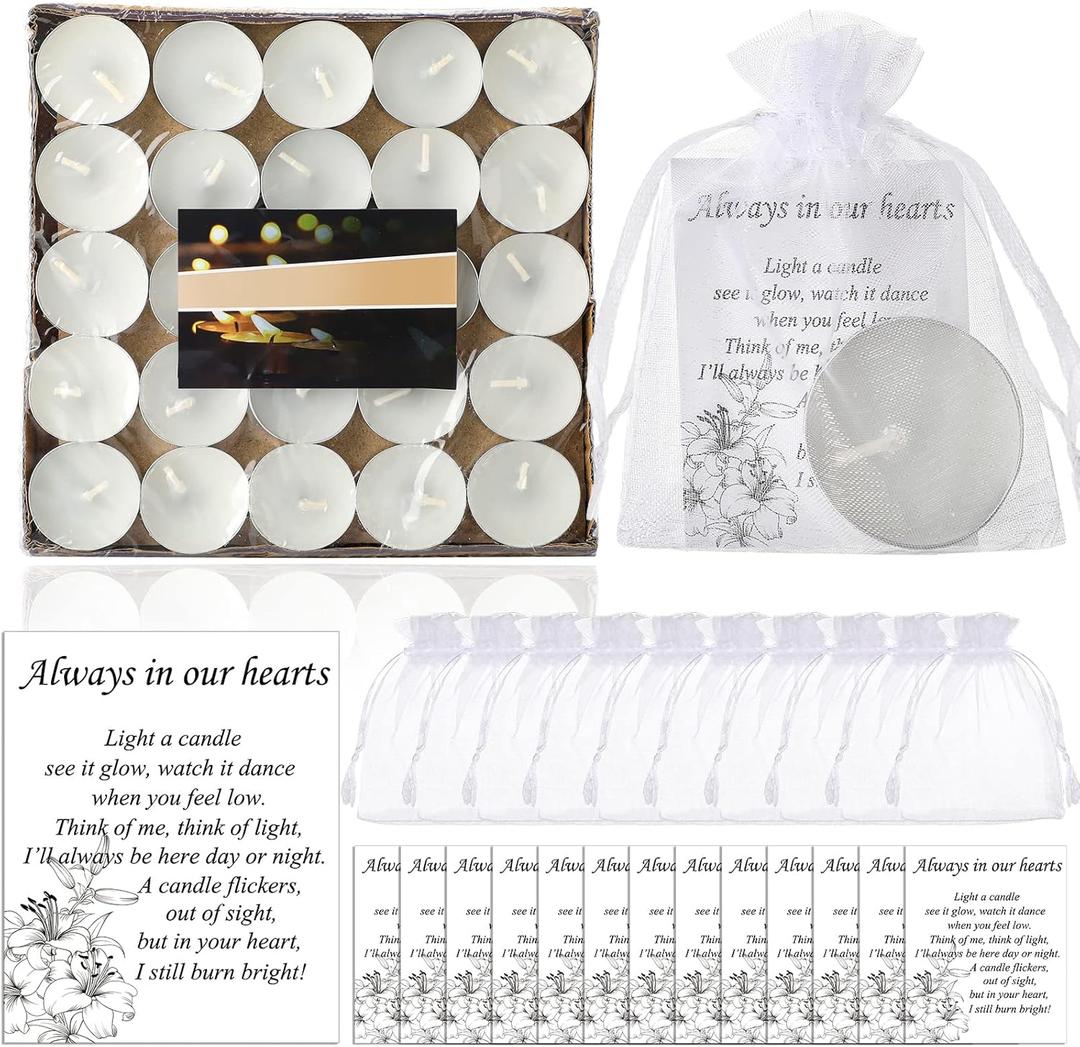 Coume 50 Set Funeral Favors - Tealight Candles, White Candles with Condolence Cards and Organza Bags for Guest Memorial Party (Minimalist)