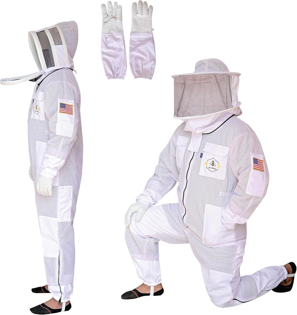 US APIARY 3 Layer Bee Suit with Fencing Veil and Round Veil One Pair Gloves Sting Proof Ventilated Beekeeping Suit, 2 Veils (White, 3X-Large)