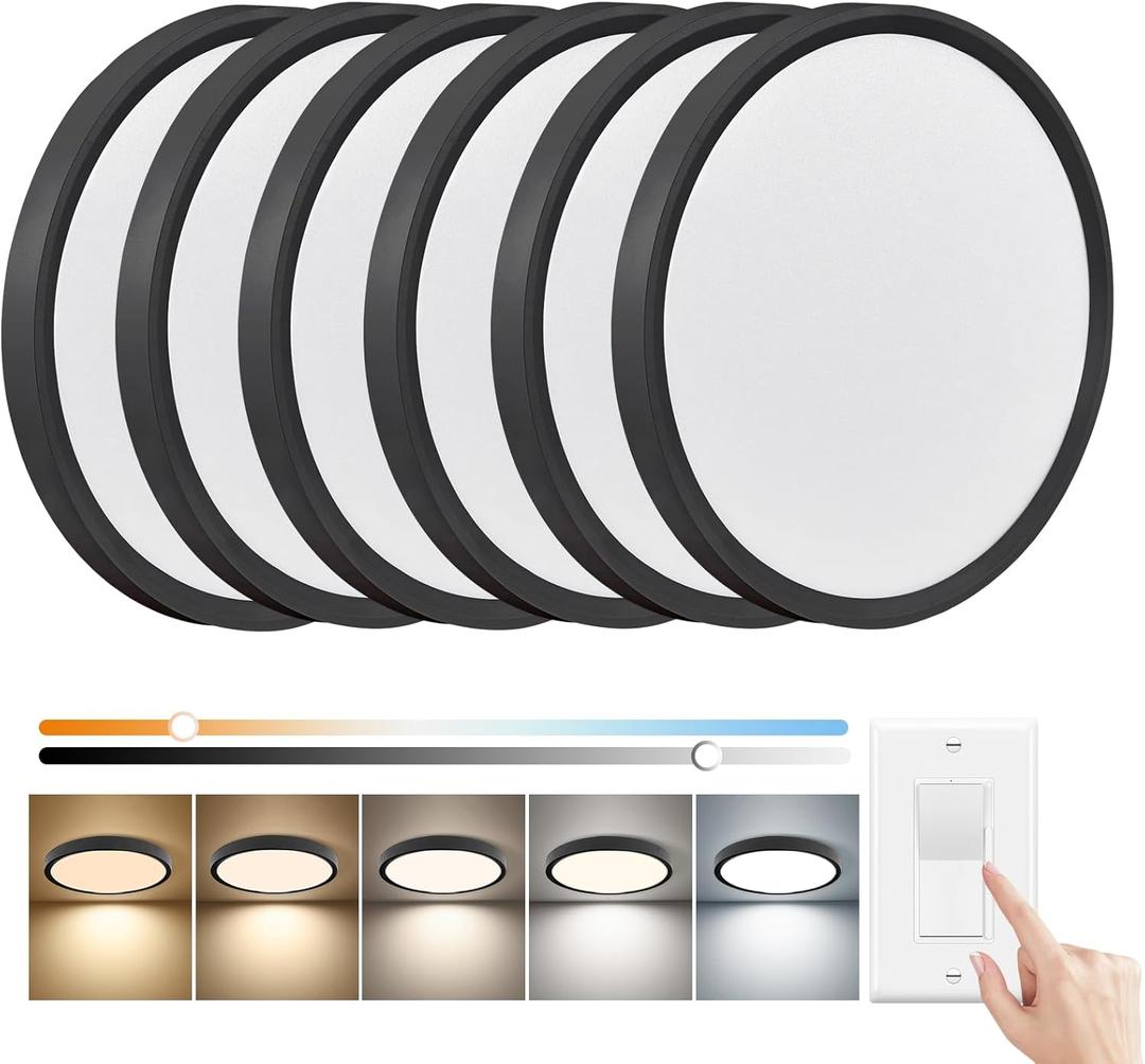 6PK 12 Inch Dimmable LED Flush Mount Ceiling Light,24W, 2520LM, 2700K/3000K/4000K/5000K/6000K CCT Selectable, Round Flat Panel Light Low Profile Ceiling Lamp for Bedroom/Kitchen/Living Room, Black