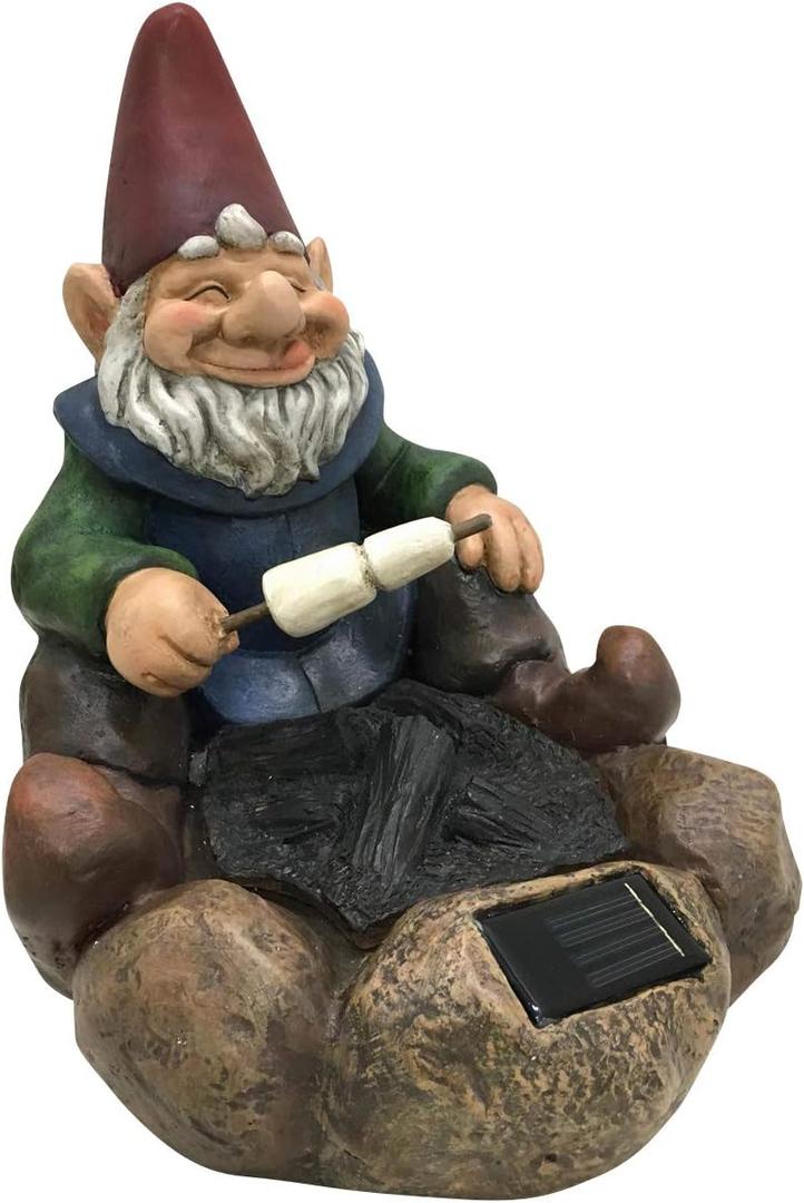 Design House 332254 Indoor/Outdoor Solar Powered Gnome Roasting Marshmallows Figurine Statue for Garden Patio Home & Office Dcor Housewarming Gifting Birthdays