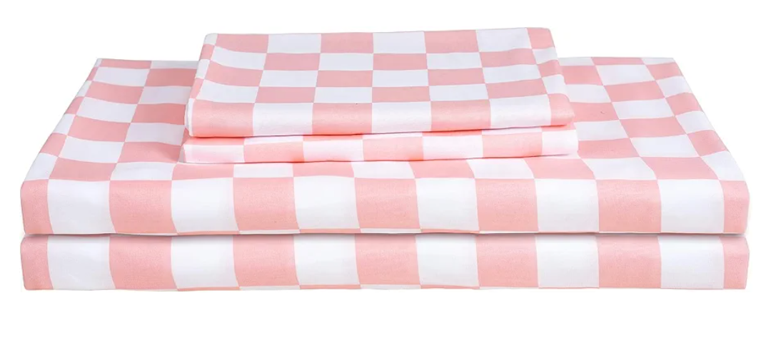 Bed Sheet Set 3 Piece -Twin Size-Soft Durable Microfiber Bedding Sheet Set,Deep Pocket,Stain,Fade & Wrinkle Resistant Green and White Checkerboard Grid(Plaid Coral&White)