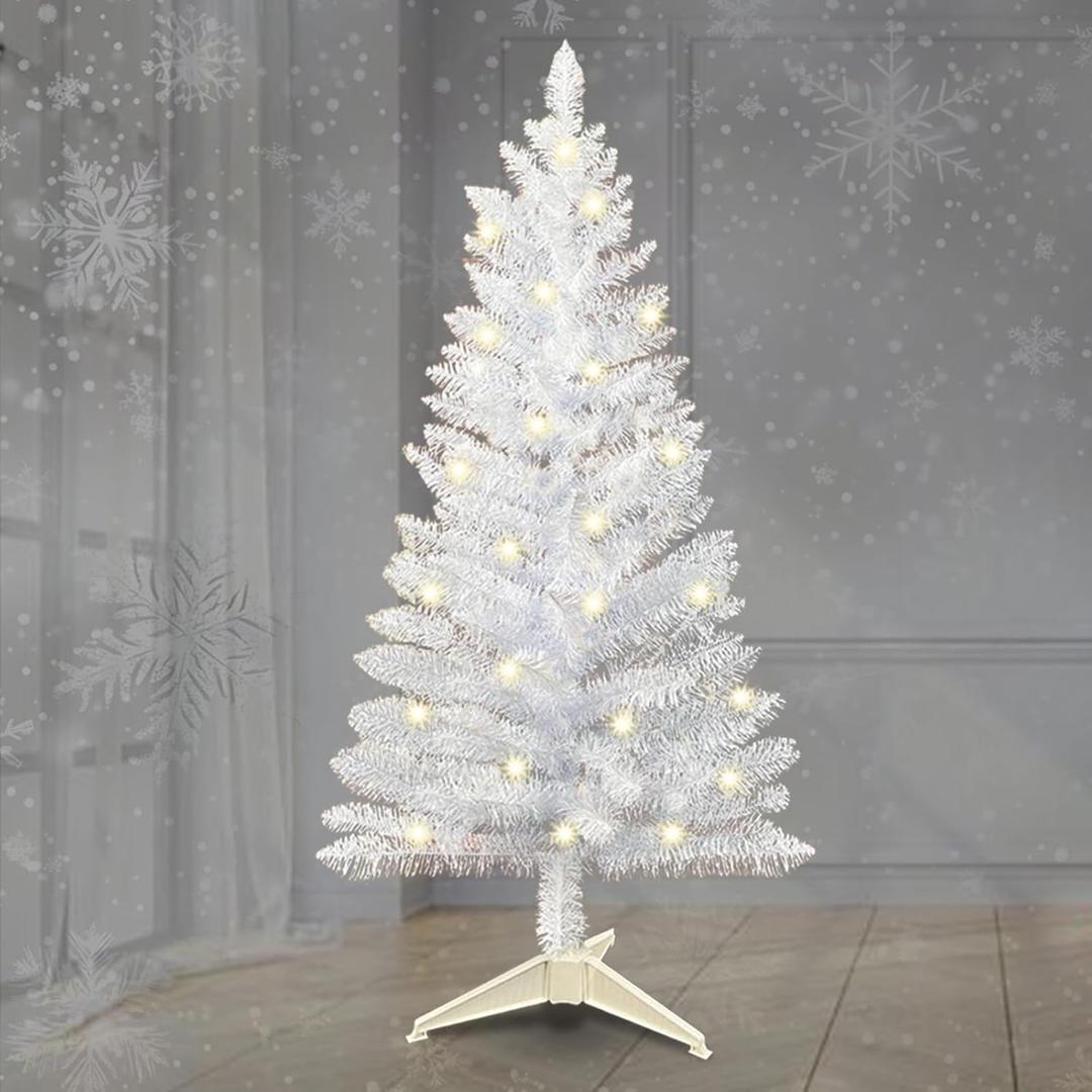4 FT Prelit Artificial White Christmas Tree with Lights, Small Xmas Tree Decoration, Easy Assembly for Indoor and Outdoor, Pine Skinny Trees Warm Lightsm for Home, Office Party Dcor
