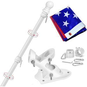 6 FT Wall Mount Flag Pole Kit with 3x5 American Flag, White, for Home Porch, Outdoor Deco. Residential or Commercial, Tangle Free