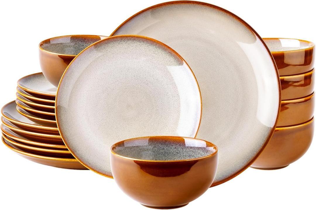 LeRatio Ceramic Dinnerware Sets for 6,18-Piece Plates and Bowls,Handmade Reactive Glaze Dishes Set,Chip Resistant and Scratch Resistant | Oven Dishwasher & Microwave Safe,Service for 6-Kahki (Dreamy Moonlight-Kahki)