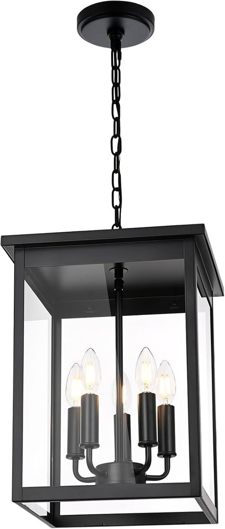 5 Lights Outdoor Pendant Light, Black Outside Chandelier, Exterior Hanging Fixture, Ceiling Mount with Clear Glass Shade Hanging Lantern Light Adjustable Pendant Light for Outdoor Hallway