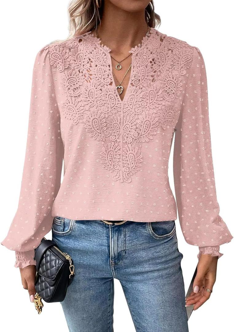 Falechay Womens Tops Swiss Dot Boho Long Sleeve Shirts V Neck Casual Chiffon Blouses Flowy Lace Hem Cute Clothing Trendy 2026 Large