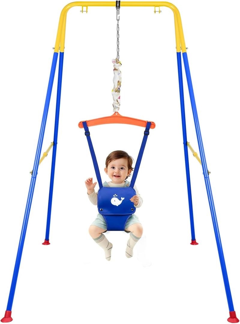 Baby Jumper with Stand, Baby Jumpers and Bouncers for Indoor & Outdoor Play, Swing Set with Stand Suitable for 6-24 Months Infant & Toddler, Easy to Assemble & Store (Blue)