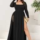 SILUI Women's Square Neck Double High Slit Long Sleeve Sexy Plus Size Sundresses Thigh Split Club Party Maxi Dresses (Black, L)