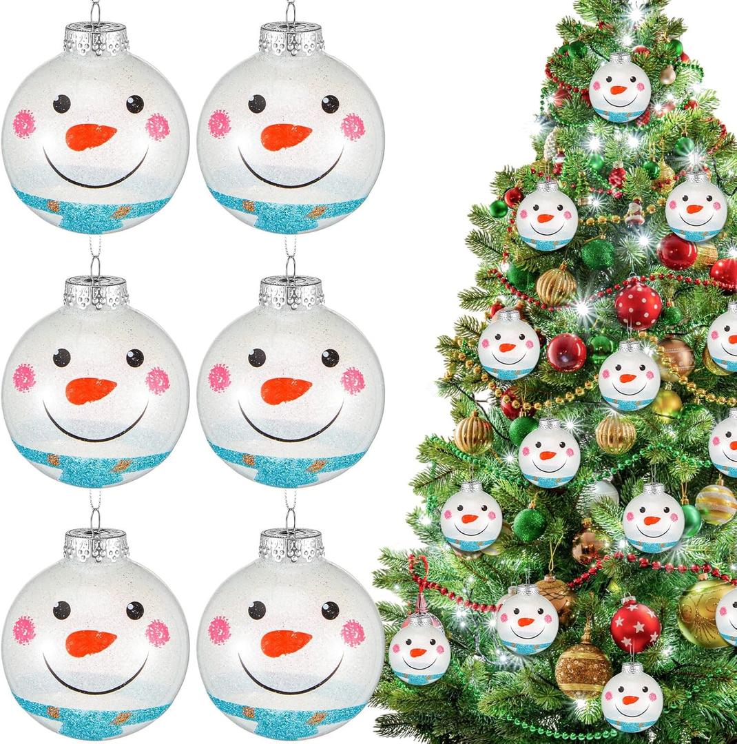 Wettarn 24 Pcs Snowman Face Christmas Ball Ornaments for Tree 3.15 Inch Clear Christmas Plastic Fillable Ornaments Balls Snow Sparkle Xmas Tree Decoration Hanging Ball for New Year Wedding Party Decor