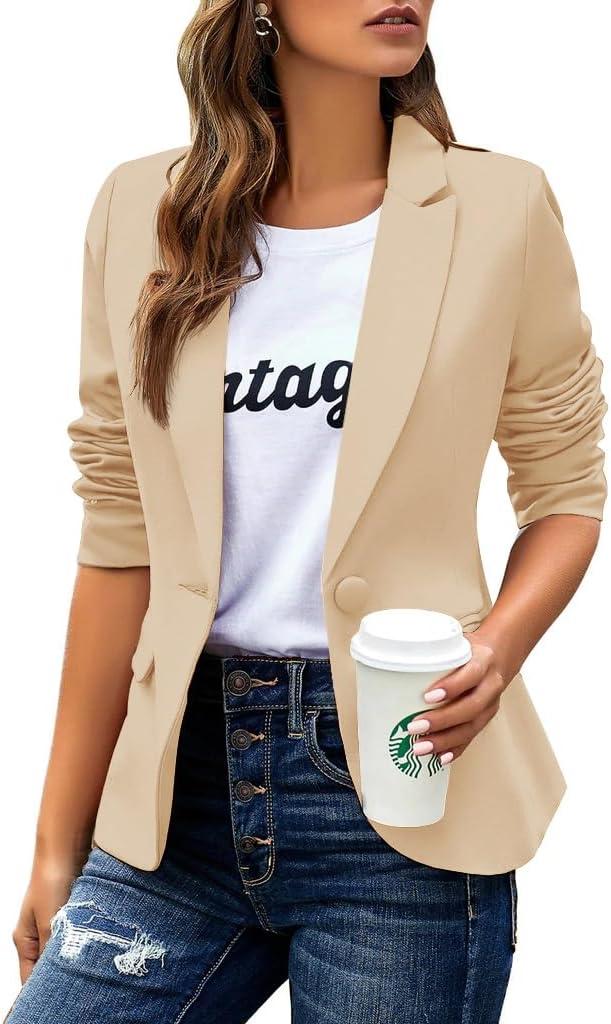 Womens Blazers Business Casual Long Sleeve Lapel Button Suit Work Blazer Jacket with Pockets (Beige, L)