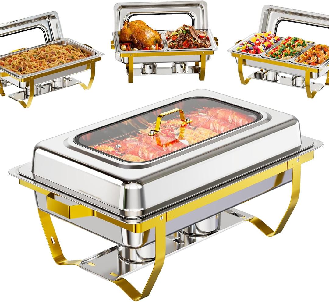 9.5QT Chafing Dishes for Buffet 4 Pack with 7 Pans Glass Lid, Gold
