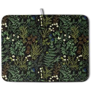 Black Sage Green Plant Dish Drying Mat for Kitchen Counter Vintage Botanic Fern Leaves Floral Dish Drainer Mats Absorbent Microfiber Dishes Pad Reusable Washable Large Dish Draining Mat 18x24 Inch