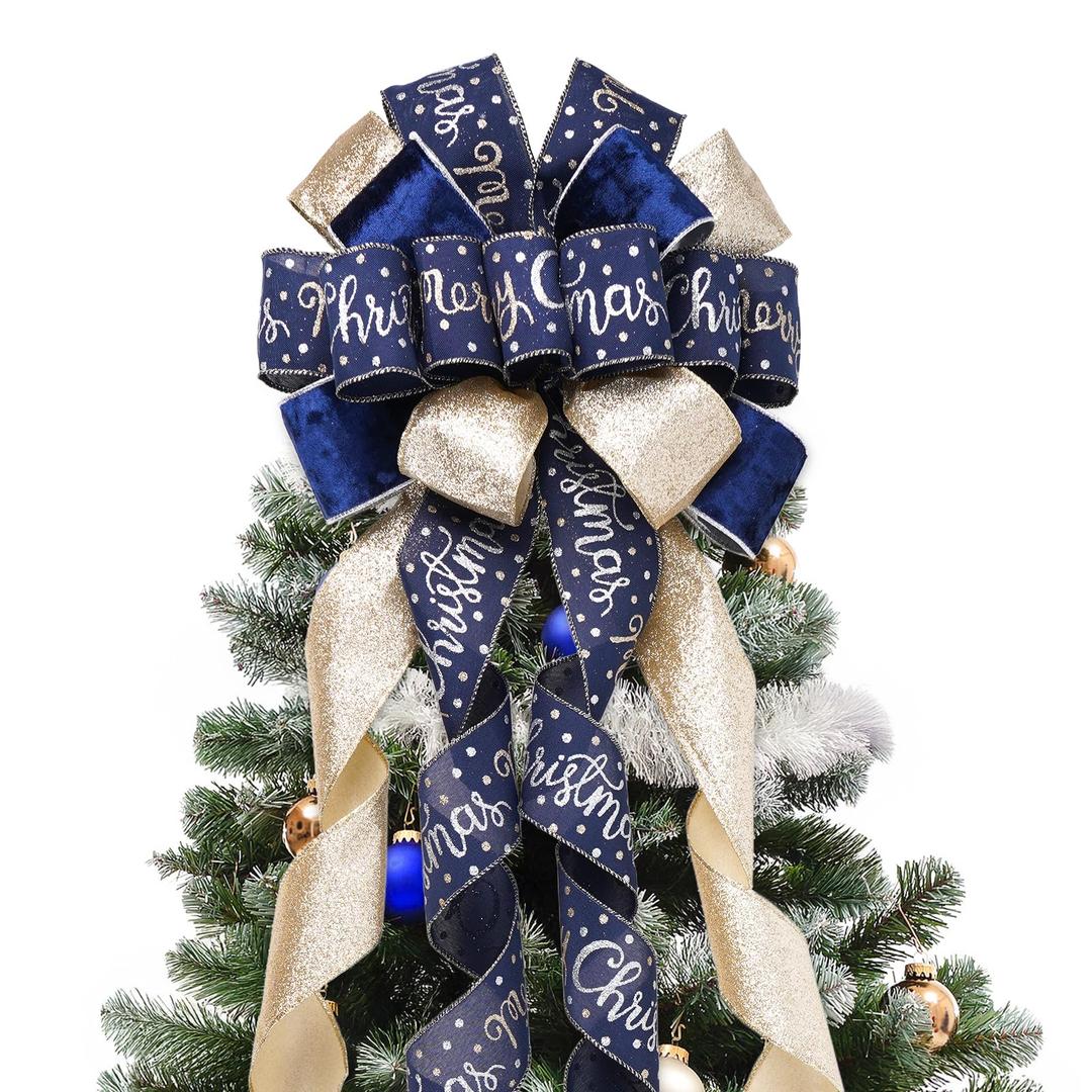Christmas Tree Topper Bow, 13" Large Gold White Glitter Ribbon Bow with Snowflakes Print, Elegant Xmas Tree Top, Long Wired Ribbon, Decoration for New Year Holiday Party​ & Farmhouse Decor