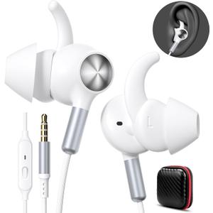APETOO Wired Ear Buds Sport in-Ear Headphones with Anti Fall/Hurt Wingtips, Mute Mic, Pure Stereo Bass, Noise Isolating Aux 3.5mm Earbuds for iPhone/iPad/Android/Mac/Laptop/PC/Women/Small Ear/School (White-Silver)