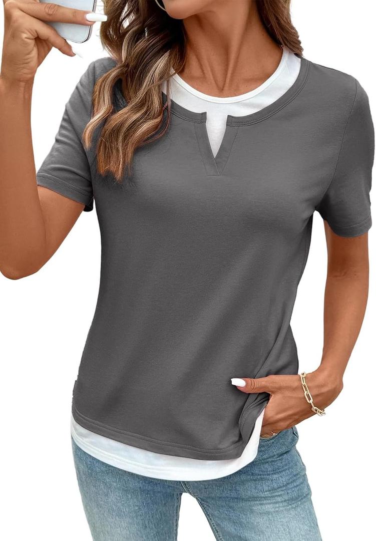SHEWIN Womens Tops Casual Crewneck Color Block Short Sleeve Mock Double Layer T-Shirt Summer Outfits for Women 2026 (Large, Medium Grey)