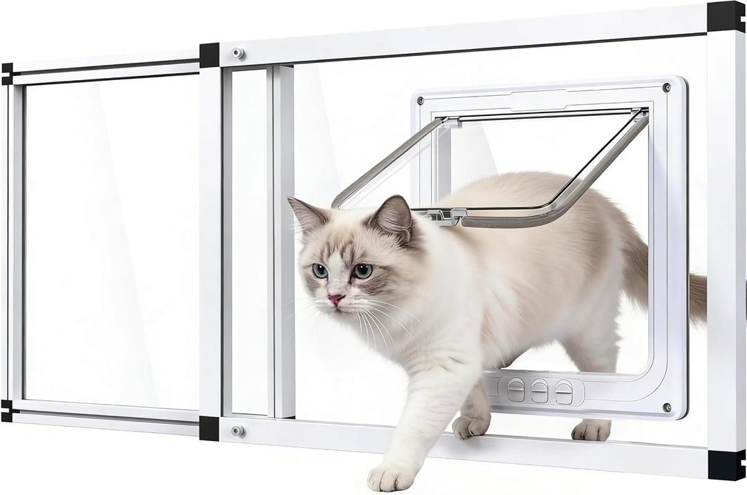 Full Glass Cat Door for Window,32"-37" Adjustable Width,1-Min Install | 4 Locking Modes,Aluminum Frame,HD Glass,Magnetic Closure,Weatherproof Sliding Pet Door Window Insert for Cats, Fit 32"-37" Window