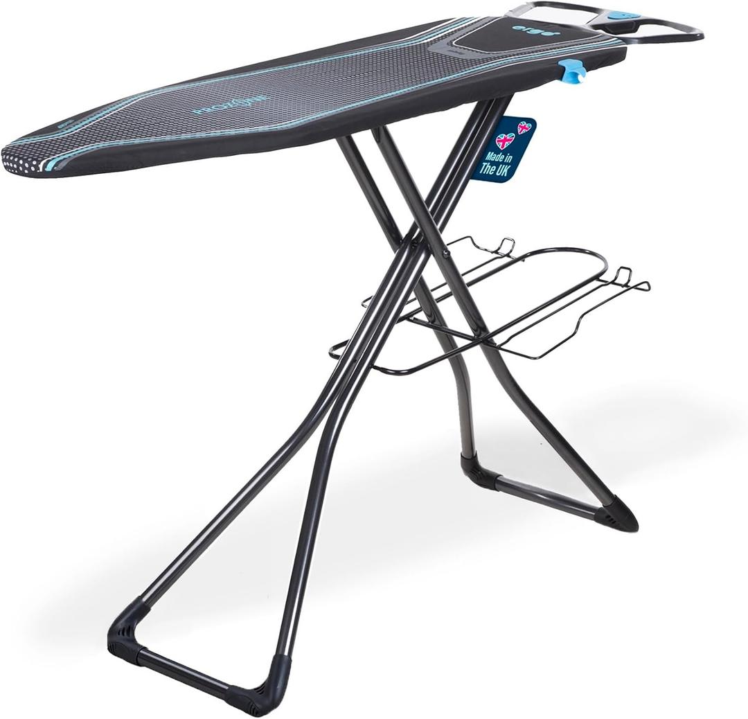 Minky Homecare Ergo Plus Prozone Ironing Board Made in UK Freestanding Full Size Iron Table with Heat Reflective Cover, Thick Felt Underlay and Large 48" x 15" Ironing Surface (Gunmetal and Blue)