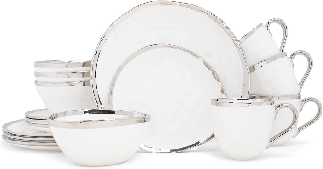 Elanze Designs 16-Piece Metallic Bubble Porcelain Ceramic Plates Bowls Mugs Dinnerware Set - Service for 4, White With Silver Accents
