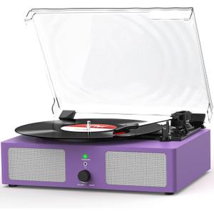 Vinyl Record Player with Built-in Speakers and USB,Belt-Driven Bluetooth Turntable with 3 Speed AUX Input Headphone Jack and RCA Output Vintage Wooden Purple