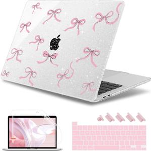 May Chen Case for MacBook Pro 13 inch M2 2023,2022,2021,2020 A2338 M1 A2251 A2289, Plastic Hard Shell Case for MacBook Pro 13" with Touch Bar Fits Touch ID, Clear Glitter Bow