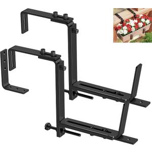 Y&M 2 Pcs Deck Railing Adjustable Planter Box Brackets (6 to 12.5 in), Universal Heavy Duty Iron Flower Box Brackets Wall Mounting Hooks for Fences, Patio, and Garden - Black (Patent Registered)