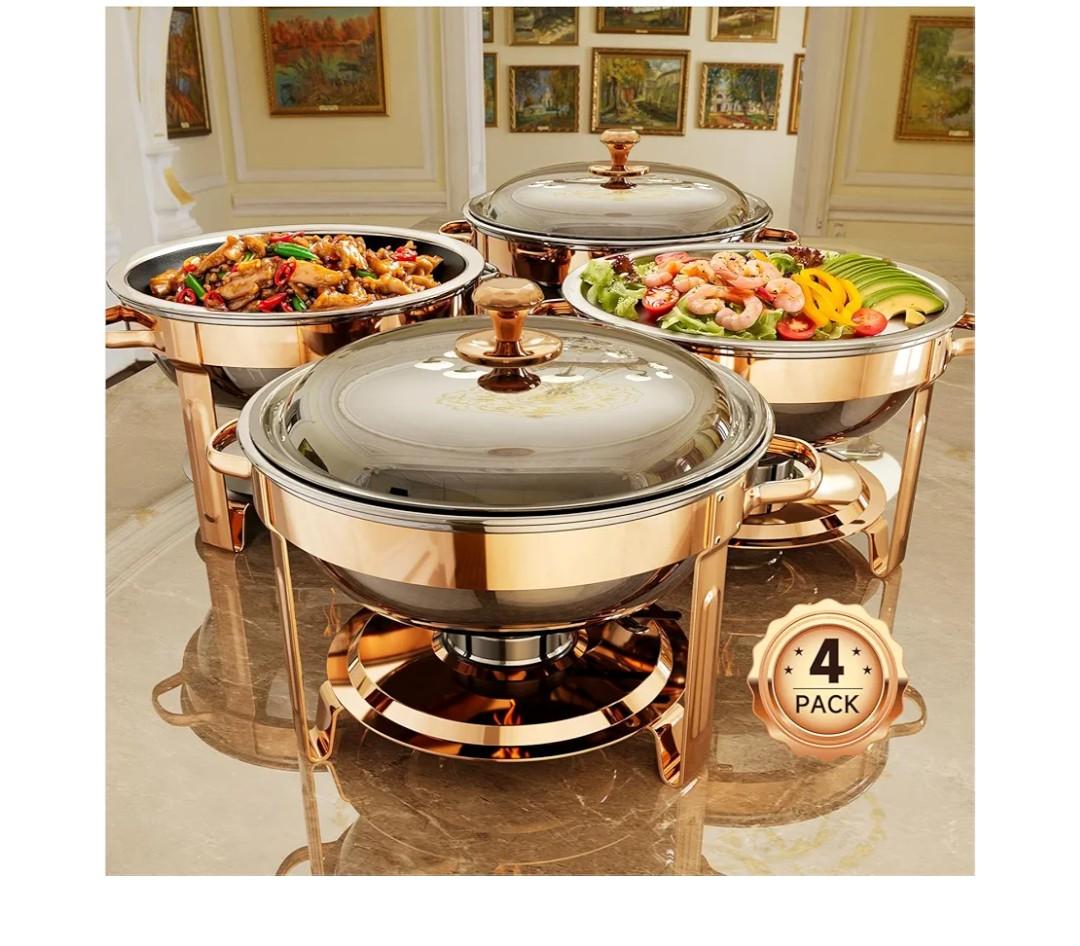 Hafing Dishes for Buffet, 4 Pack 5QT Round Stainless Steel Chafing Dish Set for Home Parties, Christmas Gatherings, Catering Events Complete Buffet Warmer Set (Rose Gold 4)
