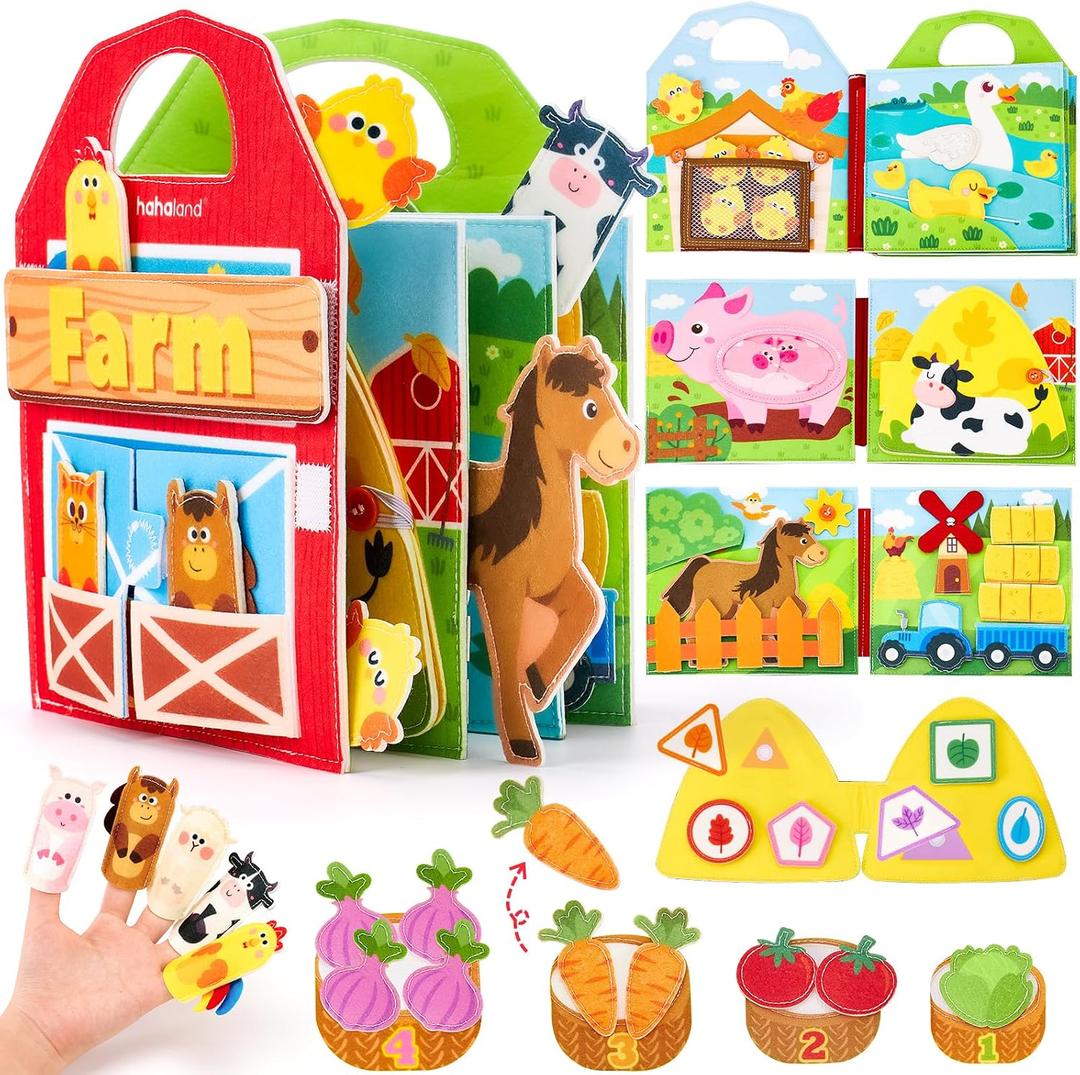 hahaland Busy Book for Toddlers 1-3 - Farm Animals Quiet Busy Board for 1 Year Old, Montessori Toys for 1 Year Old Boy Girl Gifts, Educational First Activity Books Felt Board Toddler Travel Toys