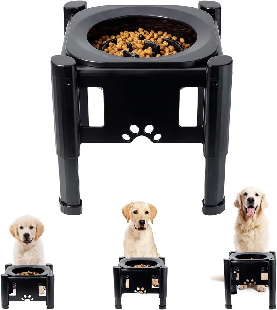 Pawque Elevated Slow Feeder Bowls - Adjustable Raised Dog & Cat Bowl with 3 Heights (6.1", 7.7", 9.3") for Medium & Small Pets, Mess Proof & Non-Slip Dish Feeder (Black)