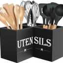 Suli Extra Large Kitchen Utensils Holder with 3 Compartments,Corner Utensil Caddy for Countertop,Wooden Utensil Organizer for Kitchen Countertop, Farmhouse Decor- Black