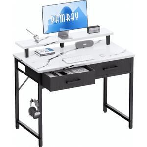 Pamray 32 Inch Small Computer Desk with Monitor Stand Home Office Desks with 2 Drawers for Bedroom Study Writing and Work Table for Small Spaces Marble