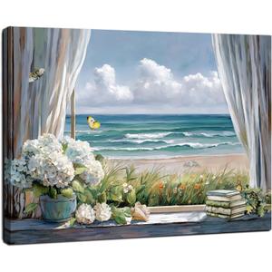 Living room large beach picture wall art, blue ocean painting decorate bedroom, relax sea view artwork Size: 24"L x 32"W