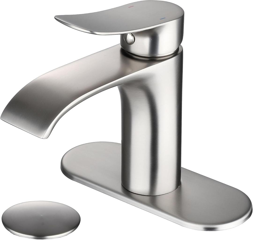 Waterfall Style Bathroom Faucet, Brushed Nickel Finish, Ceramic Valve, Leak-Proof, 3/8-In Compression Threads, Single Hole Design, Easy Installation