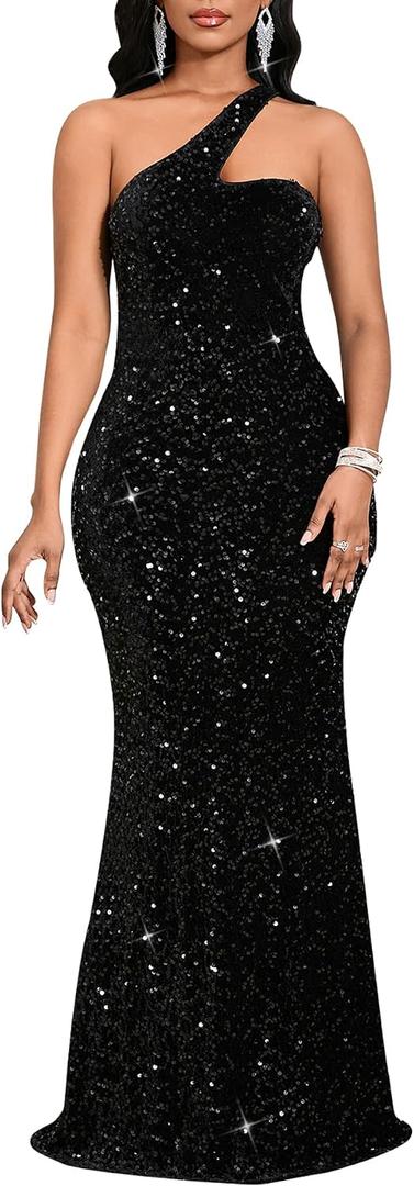 dasmzper Women's One Shoulder Sequin Evening Gown – Formal Maxi Dress for Wedding Guest, Prom, Cocktail (Black, Medium)