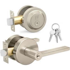 Mega Handles Ralph Entry Door Handle & Deadbolt Lock - 1 Pack Reversible Heavy Duty Brushed Nickel Door Handles & Deadbolt for Interior/Exterior Doors, Fits All Standard Doors - Satin Nickel