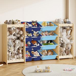EXPERLAM Large Toy Storage Organizer, Wooden Stuffed Animal Storage & 12-Bins Toy Organizer, Double-Sided Plush Toy Holder Featuring Thicker Ropes, Space Save Bedroom Nursery Playroom Storage, Blue, 64.4" L × 11" W × 31.5" H