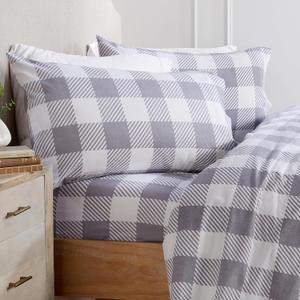 Market & Place 100% Turkish Cotton Flannel Sheet Set | 4 Piece Deep Pocket Novelty Cozy Winter Bed Sheets | Double Brushed for Extra Softness & Comfort | Queen, Buffalo Check Grey