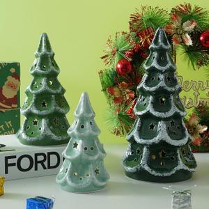 Luxstyra Ceramic Christmas Tree with Lights, Set of 3 Christmas Trees with Timer, Table Top Christmas Decor, Porcelain Christmas Tree Figurine, Vintage Ceramic Xmas Trees with Carved Stars for Mantel