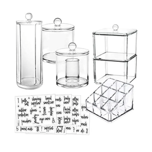 6-Pack Makeup Organizer Acrylic Plastic Containers. Bathroom Beauty Storage Set: 5 Canisters & 107 Printed Labels Organization