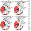 Nefish 4 Inch Industrial Grade Casters Wheels, Heavy Duty Aluminum Core PU Castor Set of 4, Durable Plate Swivel Casters with Brake 3200 LBS, Anti-Corrosion Wheels for Industrial, Machine