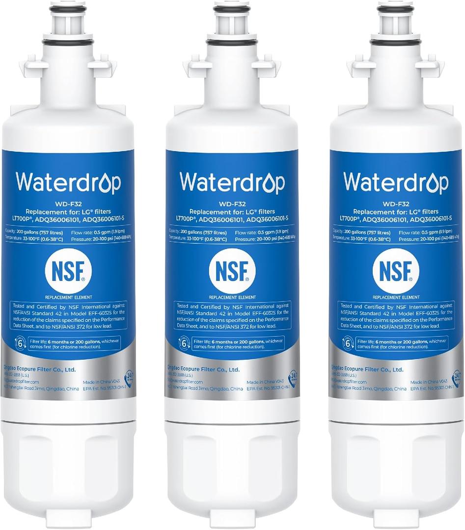 Waterdrop ADQ36006101 Replacement for LG LT700P Refrigerator Water Filter, Kenmore 9690, 469690, ADQ36006102, LFXS30766S, LFXS24623S, FML-3, RFC1200A, RWF1200A, WSL-3, 3 Filters 