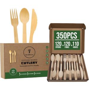 Disposable Bamboo Cutlery Set - 350 PCS Bamboo Utensil Set with 120 Compostable Forks, 120 Spoons, and 110 Knives - Disposable Cutlery Set for Outdoor, Party, Camping & More