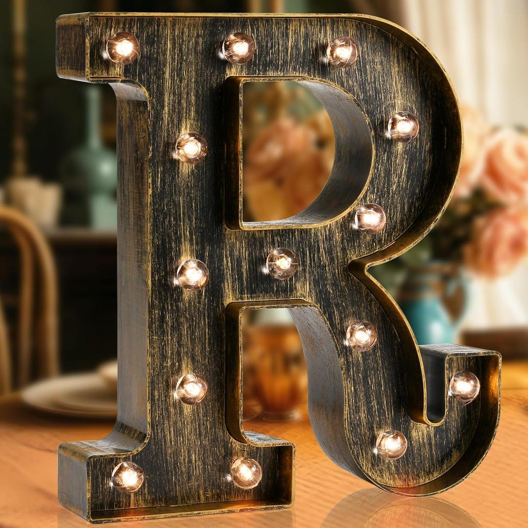 OYCBUZO Golden Black Led Marquee Letter - Industrial, Vintage Style Light Up Alphabet Letter Sign for Cafe Wedding Birthday Party Christmas Lamp Home Bar Initials Decor - R
