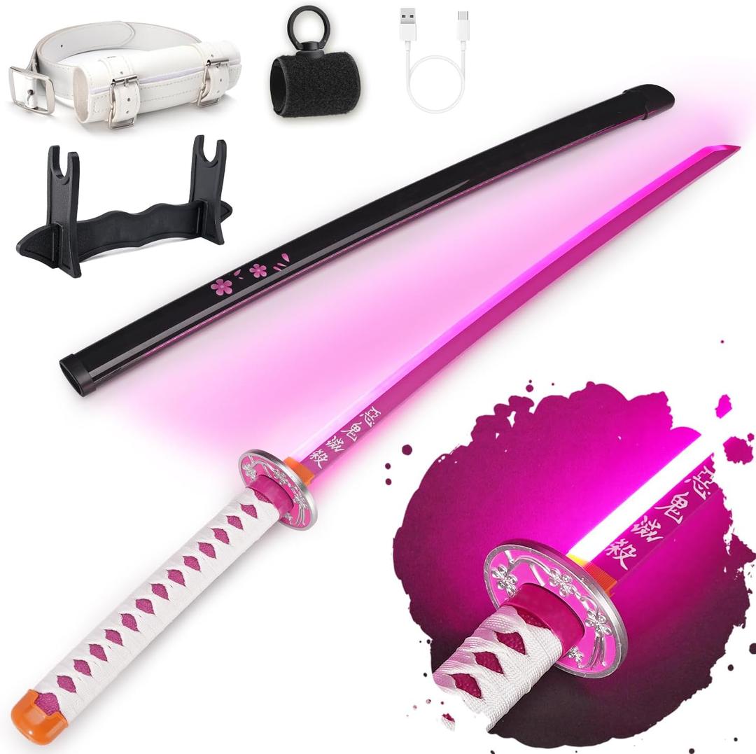 RENGENG Light Up Sword, 40 Inches Rechargeable Plastic Replica with Belt & Stand, Sword with Original Texture
