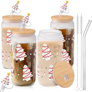 LemonRoad 4 Pcs Christmas Glass Cup Gift Holiday Christmas Iced Coffee Cup with Tree Cake Iced 18oz Xmas Tumbler Tree Glass with Lid Straw Reusable Beer Can Drinking Coffee Cup for Holiday Party Home