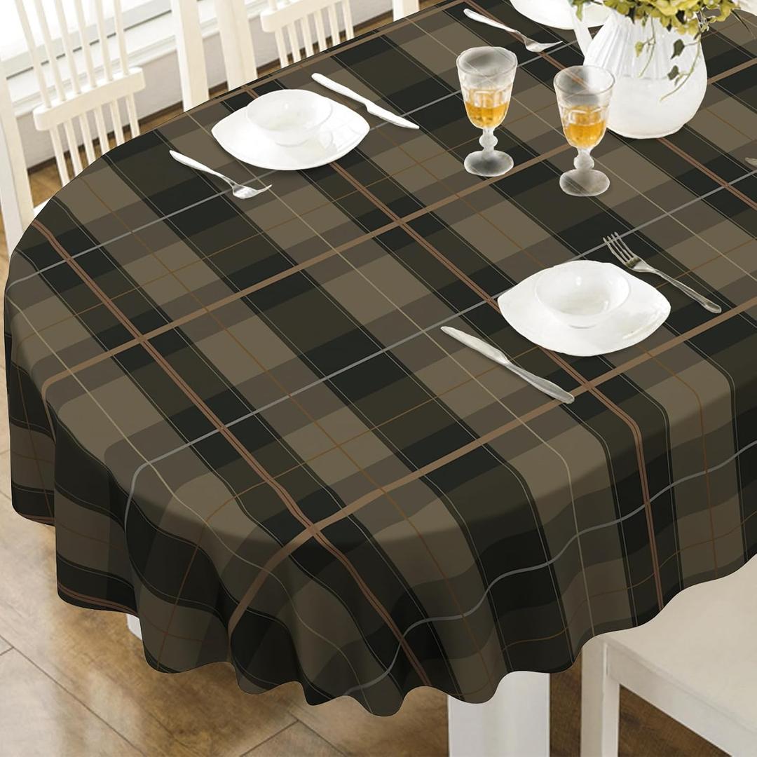 Oval Tablecloth, Waterproof Oval Plaid Table Cloth 54x72 Inch Machine Washable Fabric Table Cover for Kitchen Dining Decor (Dark Brown)