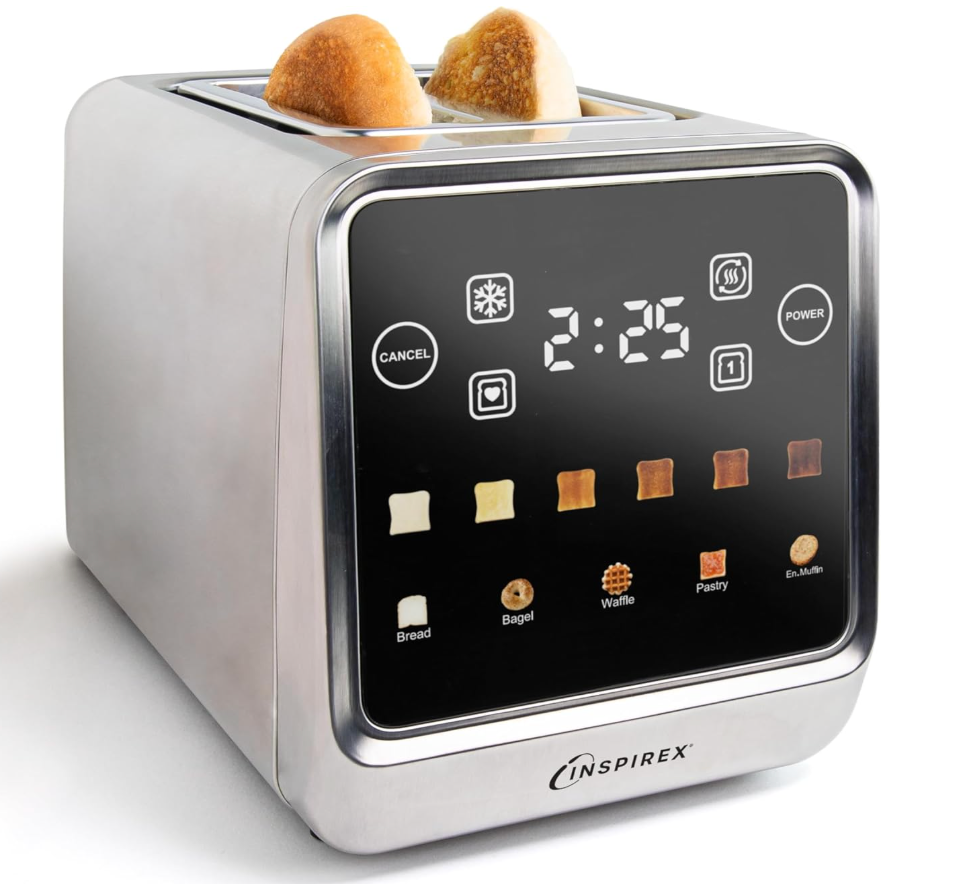 Inspirex Touch Screen Toaster - 2 Slice Extra-Wide Slots - 5 Bread Type and 6 Browning Levels - Defrost, Reheat, Favorite, Single Slot Settings - Stainless Steel