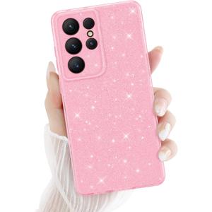 for Samsung Galaxy S21 Ultra 5G Case, Cute Luxury Sparkle Bling Glitter Case for Women Girls Soft TPU Bumper Anti-Scratch Shockproof Protective Case Cover for Samsung Galaxy S21 Ultra-Pink