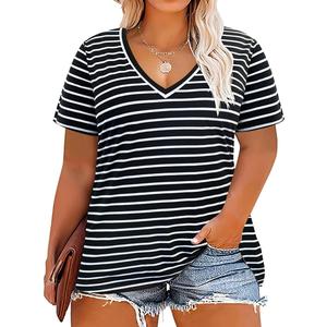CARCOS Plus Size Tops for Women 3X Short Sleeve Striped T Shirts V Neck Black Blouses White Stripe Pullover Tunics for Spring Summer 3XL 22W 24W