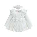 Baby Girl Romper Dress Lace Flowers Long Sleeve Knit Bodysuit Fall Winter Outfit with Headband (White A, 6-9 Months)