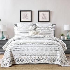 SahSahCasa Quilt King Size, Set, 100% Cotton Boho Quilt, Bedding Set Bedspreads, Bohemian Reversible Lightweight Striped Quilts Bedspread for All Season, White/Grey, 3 Pieces